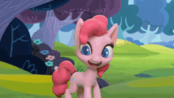 Size: 800x450 | Tagged: safe, edit, edited screencap, screencap, applejack, pinkie pie, earth pony, pony, g4.5, my little pony: stop motion short, pinkie pie vs the flowers, animated, applejack's hat, cart, cowboy hat, excited, female, flower, gif, grass, hat, looking at someone, looking back, open mouth, outdoors, stop motion, tree