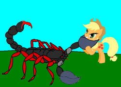 Size: 511x366 | Tagged: safe, artist:avispaneitor, applejack, earth pony, pony, g4, beast wars, crossover, duo, female, fight, imminent decapitation, mare, predacon, scorponok, this will end in death, transformers
