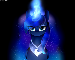 Size: 1500x1200 | Tagged: safe, artist:purediamond360, princess luna, alicorn, pony, g4, black background, bust, cute, ethereal mane, eye clipping through hair, female, glowing horn, horn, looking at you, lunabetes, mare, simple background, solo, starry mane