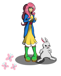 Size: 2532x3147 | Tagged: safe, artist:theomegas2, angel bunny, fluttershy, human, g4, boots, clothes, dress, high res, humanized, nervous, shoes, simple background, transparent background