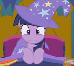 Size: 416x374 | Tagged: safe, artist:agrol, twilight sparkle, alicorn, pony, magic lessons, g4, accessory swap, animated, bed, book, cape, clothes, confused, cropped, female, frown, gif, hat, mare, pillow, radio, solo, the great and powerful, the great and powerful twilight, trixie's cape, trixie's hat, twilight sparkle (alicorn), wide eyes