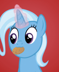 Size: 330x398 | Tagged: safe, artist:agrol, trixie, pony, unicorn, must be better, g4, :3, animated, cookie, cropped, cute, diatrixes, female, food, gif, magic, magic aura, mare, mouth hold, red background, simple background, solo