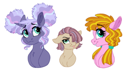 Size: 1150x651 | Tagged: safe, artist:saphi-boo, oc, oc only, oc:maci, earth pony, pony, unicorn, braces, brother and sister, bust, cousins, female, hair over one eye, hair puffs, male, offspring, parent:cheese sandwich, parent:maud pie, parent:mud briar, parent:pinkie pie, parents:cheesepie, parents:maudbriar, pigtails, siblings, tongue out, twintails