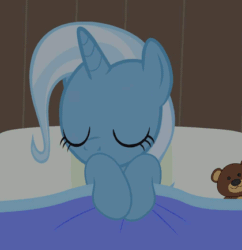 Size: 420x433 | Tagged: safe, artist:agrol, trixie, pony, unicorn, must be better, g4, animated, bed, cropped, cute, diatrixes, female, gif, loop, mare, perfect loop, pillow, solo, teddy bear
