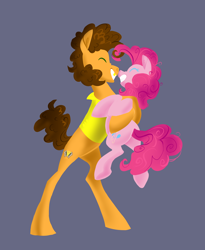 Size: 1752x2136 | Tagged: safe, artist:varwing, cheese sandwich, pinkie pie, pony, g4, female, holding a pony, hug, male, ship:cheesepie, shipping, size difference, straight