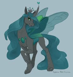 Size: 1966x2089 | Tagged: safe, artist:phathusa, queen chrysalis, changedling, changeling, changeling queen, dark changedling, g4, cloven hooves, crown, fangs, female, green background, green eyes, heart, insect wings, jewelry, purified chrysalis, reformed, regalia, simple background, solo, wings