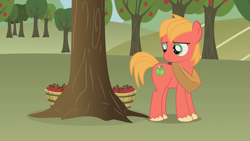 Size: 1246x701 | Tagged: safe, artist:agrol, big macintosh, earth pony, pony, when you're a filly, g4, apple, apple tree, colt, colt big macintosh, cute, food, horse collar, i can't believe it's not hasbro studios, macabetes, male, sweet apple acres, tree, younger, youtube link