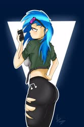 Size: 2723x4096 | Tagged: safe, artist:aerodoggy, dj pon-3, vinyl scratch, human, g4, abstract background, cellphone, clothes, earbuds, female, humanized, leggings, phone, smartphone, solo, sunglasses, torn clothes