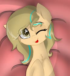 Size: 895x970 | Tagged: safe, artist:grithcourage, oc, oc only, oc:grith courage, earth pony, pony, ;p, adorable face, bed, bedroom eyes, cute, eye contact, looking at each other, looking at you, one eye closed, solo, tongue out, trace
