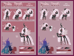 Size: 8000x6000 | Tagged: safe, artist:sataadoptandbase, oc, oc only, oc:rose dust, changeling, changeling queen, changeling oc, changeling queen oc, female, pink changeling, reference sheet, size chart, size comparison, solo, turnaround