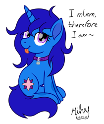 Size: 3481x4138 | Tagged: safe, artist:mihay, oc, oc only, oc:delly, pony, unicorn, collar, female, i think therefore i am, lock, looking at you, mlem, padlock, silly, simple background, smiling, solo, tongue out, transparent background