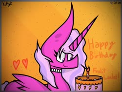 Size: 828x627 | Tagged: safe, artist:kittycatrittycat, oc, oc only, oc:foxlit loxlet, alicorn, pony, birthday, cake, candlestick, female, food, gift art, happy birthday, heart, jewelry, necklace, pearl necklace, solo