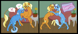 Size: 2408x1069 | Tagged: safe, artist:shippingtrash, sunflower spectacle, trixie, pony, unicorn, g4, 2 panel comic, acceptance, bipedal, comic, couch, curved horn, cute, dirt, eyes closed, female, flower, gender headcanon, glowing horn, headcanon, horn, hug, leonine tail, levitation, lgbt headcanon, magic, male, mare, mother and child, mother and daughter, pot, pride, pride flag, raised hoof, stallion, telekinesis, trans female, trans trixie, transgender, transgender pride flag