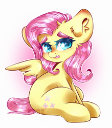 Size: 2100x2400 | Tagged: safe, artist:etoz, fluttershy, pegasus, pony, g4, blushing, cute, ear fluff, eyebrows, eyebrows down, female, gradient background, high res, looking away, mare, open mouth, shyabetes, sitting, solo, wingding eyes, wings