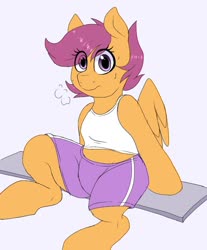 Size: 848x1024 | Tagged: safe, artist:littlebibbo, scootaloo, pegasus, semi-anthro, g4, arm hooves, clothes, cute, cutealoo, exhausted, eye clipping through hair, female, filly, gym shorts, looking at you, orange fur, purple eyes, shorts, simple background, sitting, sweat, tank top