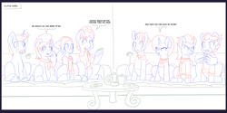 Size: 12000x6000 | Tagged: safe, artist:chedx, cookie crumbles, firelight, hondo flanks, mane allgood, snap shutter, stellar flare, stormy flare, wind rider, earth pony, pegasus, pony, unicorn, comic:the other grandparents, g4, carousel boutique, clothes, comic, commissioner:bigonionbean, cookie, dessert, dialogue, eating, female, food, horn, levitation, magic, mare, pastries, sketch, sketch dump, telekinesis, trays, wings, writer:bigonionbean