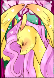 Size: 430x615 | Tagged: safe, alternate version, artist:silenceartist, artist:triscuit-cafe, fluttershy, pegasus, pony, g4, blushing, bust, eyes closed, female, floppy ears, flower, flower blossom, mare, outdoors, portrait, profile, smiling, solo, spread wings, tree, wings