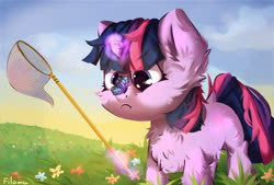 Size: 3700x2500 | Tagged: safe, artist:filama, twilight sparkle, butterfly, pony, unicorn, g4, belly fluff, blank flank, butterfly net, butterfly on nose, cheek fluff, chest fluff, cross-eyed, cute, dock, ear fluff, female, filly, filly twilight sparkle, flower, fluffy, glowing horn, grass, high res, horn, insect on nose, leg fluff, levitation, looking at something, magic, meadow, nature, outdoors, smol, solo, standing, stroll, telekinesis, three quarter view, twiabetes, unicorn twilight, weapons-grade cute, younger