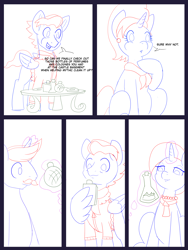 Size: 6000x8000 | Tagged: safe, artist:chedx, cookie crumbles, hondo flanks, stellar flare, wind rider, earth pony, pegasus, pony, unicorn, comic:the other grandparents, g4, carousel boutique, clothes, comic, commissioner:bigonionbean, cookie, dessert, dialogue, eating, female, food, horn, husband and wife, levitation, magic, male, mare, pastries, sketch, sketch dump, telekinesis, writer:bigonionbean