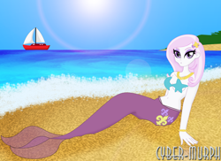 Size: 2758x2013 | Tagged: safe, artist:cyber-murph, fleur-de-lis, mermaid, starfish, equestria girls, g4, beach, belly, belly button, boat, bracelet, breasts, cleavage, cute, female, high res, jewelry, kissy face, looking at you, mermaidized, midriff, necklace, pose, signature, solo, species swap, starfish bra