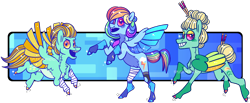 Size: 2380x985 | Tagged: safe, artist:mrraapeti, lightning dust, rainbow dash, zephyr breeze, pony, g4, bandage, colored wings, multicolored wings, simple background, transparent background, wings