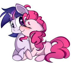 Size: 2536x2364 | Tagged: safe, artist:applerougi, pinkie pie, twilight sparkle, pony, g4, female, high res, kissing, lesbian, prone, ship:twinkie, shipping, simple background, transparent background