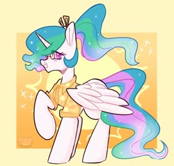 Size: 2048x1948 | Tagged: safe, artist:nullkunst, princess celestia, alicorn, pony, g4, abstract background, alternate hairstyle, clothes, colored pupils, cute, cutelestia, cutie mark, cutie mark on clothes, female, hawaiian shirt, looking at you, mare, ponytail, profile, shirt, smiling, solo, sun