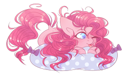 Size: 1300x800 | Tagged: safe, artist:soundwavepie, pinkie pie, earth pony, pony, :p, blushing, bow, colored pupils, cushion, cute, diapinkes, dock, female, mare, one eye closed, prone, simple background, solo, tongue out, transparent background, wink