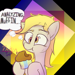 Size: 3000x3000 | Tagged: safe, artist:packy paca, derpy hooves, pony, g4, abstract background, bust, eating, female, food, high res, mare, muffin, simple background, solo, text, that pony sure does love muffins, thought bubble