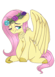 Size: 500x700 | Tagged: safe, artist:laps-sp, fluttershy, pony, g4, chest fluff, colored hooves, female, floral head wreath, flower, simple background, sitting, solo, transparent background