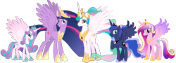 Size: 8003x2883 | Tagged: safe, artist:sketchmcreations, princess cadance, princess celestia, princess flurry heart, princess luna, twilight sparkle, alicorn, pony, g4, the last problem, alicorn pentarchy, alternate hairstyle, aunt, aunt and niece, commission, concave belly, crown, ethereal mane, ethereal tail, female, group shot, hair bun, height difference, hoof shoes, horn, jewelry, large wings, long horn, long legs, long mane, long tail, mare, niece, older, older flurry heart, older princess cadance, older princess celestia, older princess luna, older twilight, older twilight sparkle (alicorn), peytral, png, ponytail, princess shoes, princess twilight 2.0, raised hoof, regalia, royal sisters, siblings, simple background, sisters, slender, spread wings, tail, tall, thin, transparent background, twilight sparkle (alicorn), vector, wings