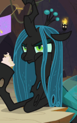 Size: 680x1080 | Tagged: safe, screencap, queen chrysalis, changeling, changeling queen, frenemies (episode), g4, animated, better way to be bad, cropped, cupcake, cute, cutealis, eating, female, food, gif, reaction image, solo, surprised, surprised face