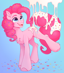 Size: 2516x2904 | Tagged: safe, artist:argigen, pinkie pie, earth pony, pony, rcf community, g4, blue background, chest fluff, confetti, cute, diapinkes, ear fluff, female, food, frosting, high res, leg fluff, mare, open mouth, simple background, solo, sprinkles