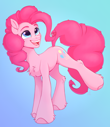 Size: 2516x2904 | Tagged: safe, alternate version, artist:argigen, pinkie pie, earth pony, pony, rcf community, g4, blue background, chest fluff, cute, diapinkes, ear fluff, female, high res, leg fluff, open mouth, simple background, solo