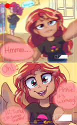 Size: 1280x2080 | Tagged: safe, artist:ask-sunpie, artist:wimsie, pinkie pie, sunset shimmer, human, tumblr:ask sunpie, g4, bisexual pride flag, camera shot, clothes, comic, dark skin, denim shorts, dialogue, duo, female, heart, humanized, jacket, lesbian, mirror, pants, pride, pride flag, ship:sunsetpie, shipping, shirt, shorts, smiling, solo focus, sunset shimmer is bisexual