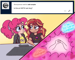 Size: 1280x1040 | Tagged: safe, artist:ask-sunpie, artist:wimsie, pinkie pie, sunset shimmer, human, tumblr:ask sunpie, g4, ask, bisexual pride flag, blushing, clothes, dark skin, dialogue, duo, female, heart, holding hands, humanized, jacket, lesbian, ponytail, pride, pride flag, ship:sunsetpie, shipping, shirt