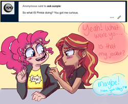 Size: 1280x1040 | Tagged: safe, artist:ask-sunpie, artist:wimsie, pinkie pie, sunset shimmer, human, tumblr:ask sunpie, g4, ask, bisexual pride flag, blushing, clothes, dark skin, dialogue, duo, female, humanized, jacket, lesbian, pride, pride flag, ship:sunsetpie, shipping, shirt, sunset shimmer is bisexual