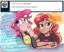 Size: 1280x1040 | Tagged: safe, artist:ask-sunpie, artist:wimsie, pinkie pie, sunset shimmer, human, tumblr:ask sunpie, g4, ask, bisexual pride flag, clothes, dark skin, dialogue, duo, female, humanized, jacket, lesbian, ponytail, pride, pride flag, ship:sunsetpie, shipping, shirt, sunset shimmer is bisexual