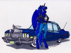 Size: 3225x2398 | Tagged: safe, artist:sketchywolf-13, princess luna, alicorn, anthro, unguligrade anthro, g4, cadillac, car, clothes, female, high res, horn, looking at you, simple background, solo, traditional art, white background, wings