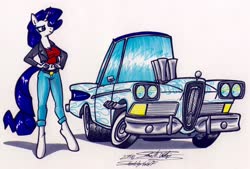 Size: 4090x2770 | Tagged: safe, artist:sketchywolf-13, rarity, unicorn, anthro, unguligrade anthro, g4, car, clothes, edsel, female, horn, simple background, solo, traditional art, white background