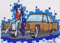 Size: 3300x2368 | Tagged: safe, artist:sketchywolf-13, rarity, unicorn, anthro, unguligrade anthro, g4, arm behind head, car, clothes, female, high res, horn, jeans, lincoln (car), lincoln continental, looking at you, mare, midriff, pants, pose, shirt, solo, t-shirt, tail, traditional art