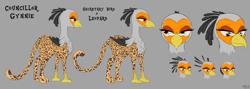 Size: 11479x4067 | Tagged: safe, artist:skunk bunk, oc, oc only, oc:councillor gynnie, big cat, bird, griffon, leopard, secretary bird, butt, cougar, feather, female, glasses, griffon oc, leopard griffon, leopard print, mature, milf, paws, plot, reference sheet, simple background, solo, tail, talons, unimpressed, wings