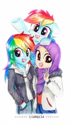 Size: 2230x3965 | Tagged: safe, artist:liaaqila, rainbow dash, oc, pony, equestria girls, g4, female, high res, hijab, self ponidox, smiling, traditional art, trio