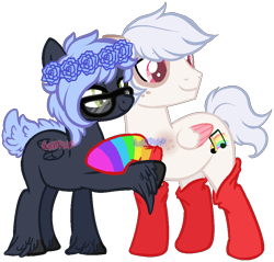 Size: 874x837 | Tagged: safe, artist:skulifuck, oc, oc only, oc:skate beat, base used, clothes, duo, female, floral head wreath, flower, glasses, holding hooves, hoof fluff, looking back, male, mare, music notes, rainbow socks, simple background, smiling, socks, stallion, striped socks, transparent background