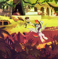 Size: 1500x1523 | Tagged: safe, artist:dearmary, rainbow dash, oc, oc:skittle, pegasus, pony, g4, canon x oc, female, male, ruins, shipping, skidash, straight