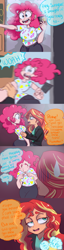 Size: 1280x5008 | Tagged: safe, artist:ask-sunpie, artist:wimsie, pinkie pie, sunset shimmer, human, tumblr:ask sunpie, g4, bags under eyes, clothes, comic, dialogue, female, humanized, jacket, lesbian, pants, rubber duck, ship:sunsetpie, shipping, shirt, sweat, sweatdrop, video game