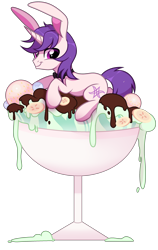 Size: 1980x3124 | Tagged: safe, artist:arshe12, oc, oc only, oc:lapush buns, bunnycorn, pony, rabbit pony, unicorn, bunny ears, cup, cup of pony, food, ice cream, micro, ponies in food, simple background, solo, transparent background, ych result