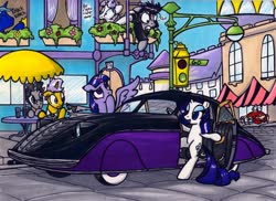 Size: 3280x2387 | Tagged: safe, artist:sketchywolf-13, jet set, rarity, twilight sparkle, upper crust, oc, oc:sketchy, oc:tom the crab, unnamed oc, alicorn, crab, earth pony, giant crab, pony, unicorn, g4, building, canterlot, car, city, clothes, cutie mark, driving, female, high res, horn, jacket, leather jacket, male, mare, phantom corsair, stallion, tail, traditional art, twilight sparkle (alicorn), wings