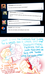 Size: 1280x2080 | Tagged: safe, artist:ask-sunpie, artist:wimsie, pinkie pie, sunset shimmer, tumblr:ask sunpie, equestria girls, equestria girls specials, g4, my little pony equestria girls: better together, my little pony equestria girls: sunset's backstage pass, ask, blushing, clothes, dialogue, duo, eyes closed, female, heart, heart mouth, hug, humanized, lesbian, open mouth, ship:sunsetpie, shipping, shirt, smiling