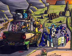 Size: 3234x2503 | Tagged: safe, artist:sketchywolf-13, applejack, fluttershy, pinkie pie, rainbow dash, rarity, twilight sparkle, alicorn, earth pony, pegasus, pony, unicorn, g4, the cutie map, 2015, annoyed, cactus, car, clothes, cowboy hat, dawn, desert, dress, edsel, edsel bermuda, female, flower, glowing horn, hat, high res, horn, magic, mane six, map, mare, rock, starlight's village, station wagon, suitcase, tail, traditional art, twilight sparkle (alicorn), wings